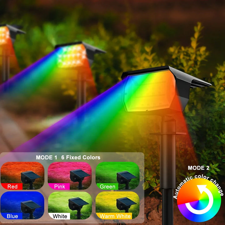 Solar-powered RGB LED spotlights offering dynamic color-changing light for gardens and outdoor spaces.