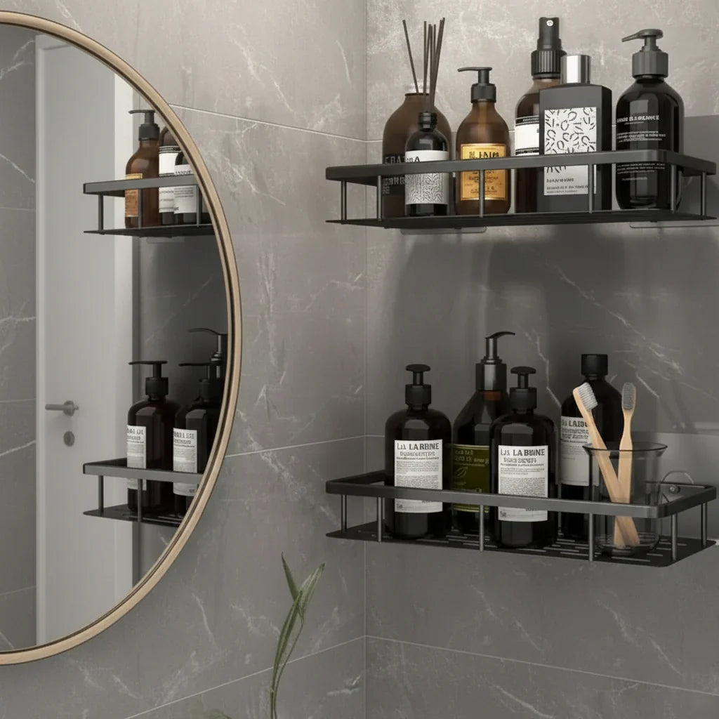 Modern, drill-free adhesive bathroom shelf, stainless steel finish, sleek storage solution for any bath.