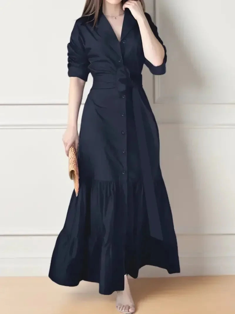 Flattering long sleeve tiered maxi dress for women, designed as a stylish button-down shirt dress with tie waist.