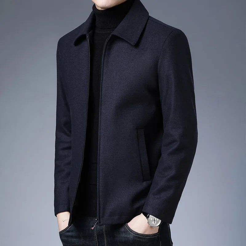 Stylish men's tailored jacket, a sleek fashion piece with a high collar zipper, perfect for modern men's style.