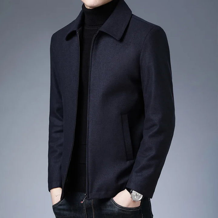 Stylish men's tailored jacket, a sleek fashion piece with a high collar zipper, perfect for modern men's style.