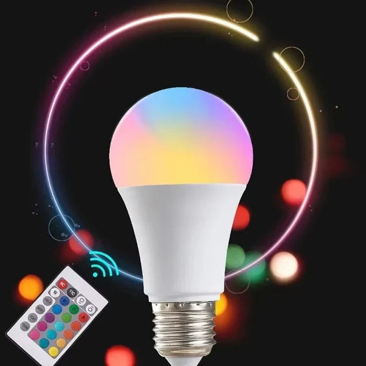 Vibrant smart color-changing LED bulb with remote control. Dimmable E27 for ambient & mood lighting in home decor.