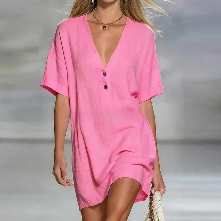 Lightweight women's shirt dress, V-neck, button detail. Ideal casual summer dress & beachwear.