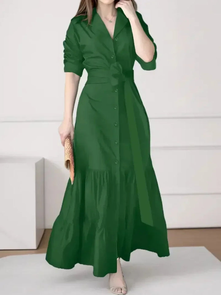 Casual yet chic button-down A-line maxi dress for women, featuring long sleeves and a flattering tie waist.