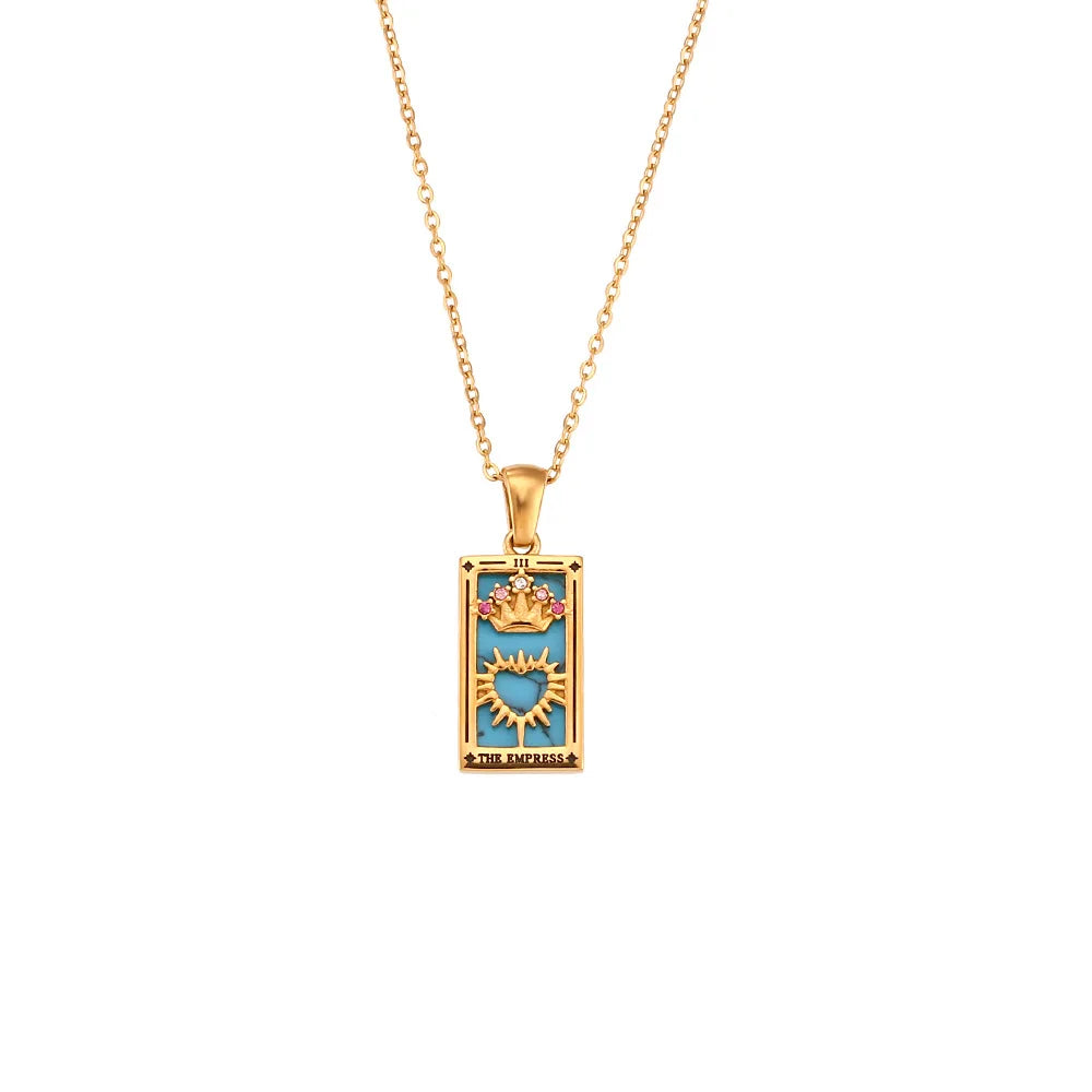 Women's gold tarot card necklace, elegant spiritual jewelry, mystical pendant for divination.