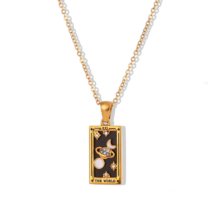 Artistic shot of a women's tarot card necklace, spiritual and mystical accessory, unique design.