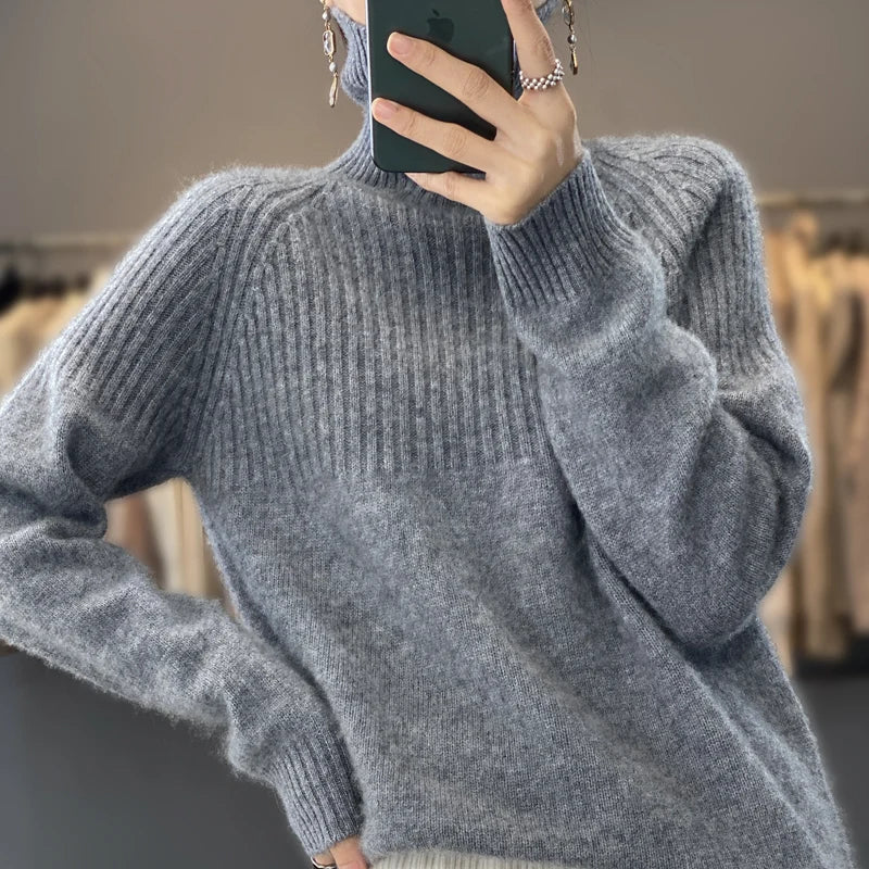 Fashionable women's ribbed knit turtleneck top, great for fall & winter comfort and versatile casual styling.