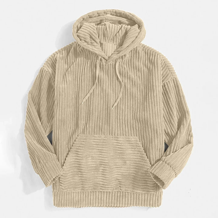Modern men's hooded corduroy pullover in a relaxed fit. Great for casual everyday style, warm fall & winter fashion.