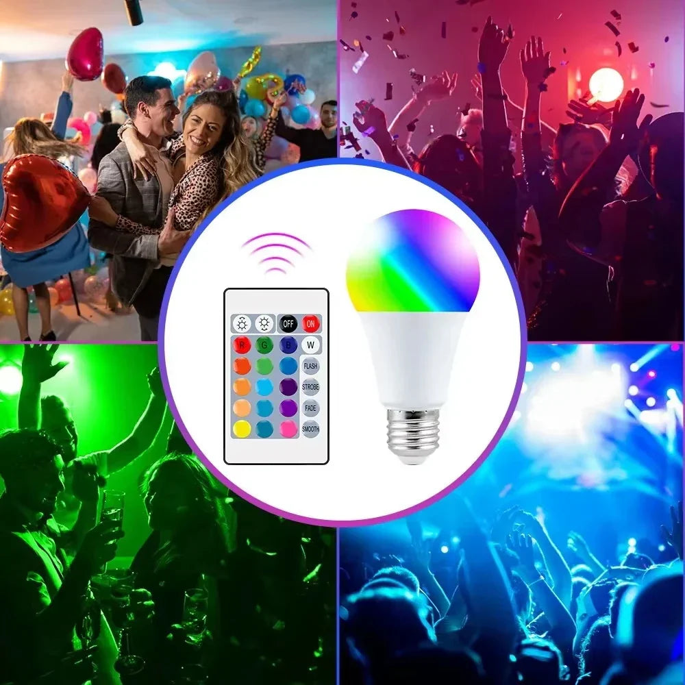 Smart color-changing LED bulb with remote control. Dimmable, energy-efficient E27 for modern interior & mood lighting.