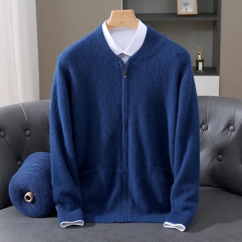 Elegant men's refined full-zip cardigan. Premium knitwear for sophisticated fall & winter fashion.