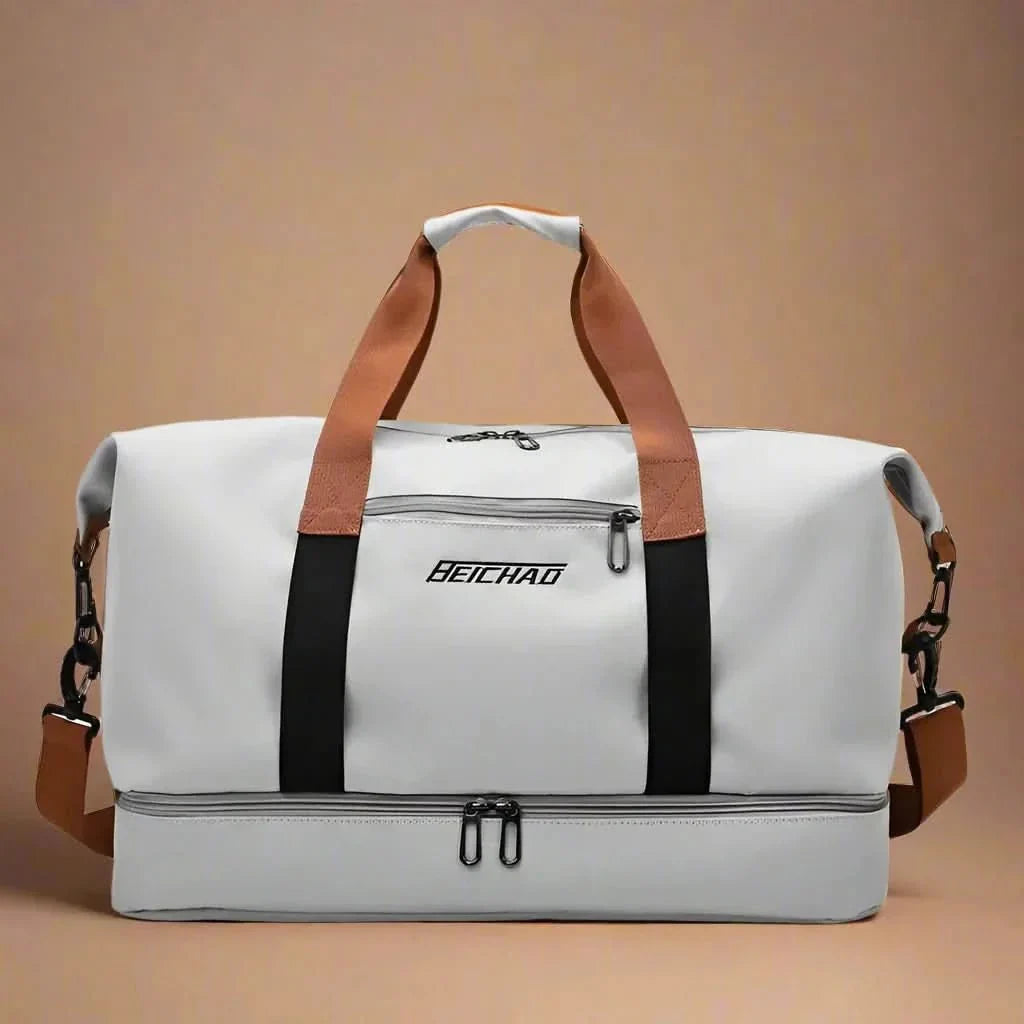 Organized travel duffel bag featuring separate shoe compartment & dry-wet pocket. Versatile gym & weekend bag.