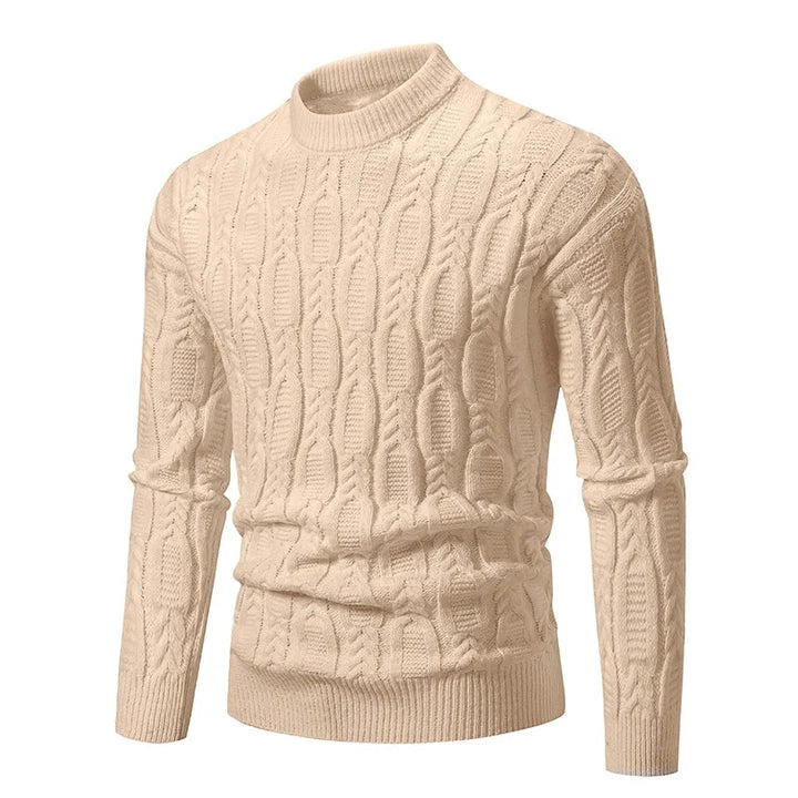 Close-up of a men's stylish cable-knit sweater, showcasing heritage knitwear texture for classic fall fashion.