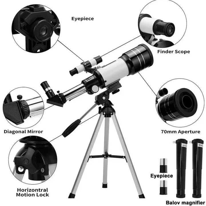 High-definition refractor telescope, ideal for crisp night sky viewing, astronomy, and celestial photography & stargazing.