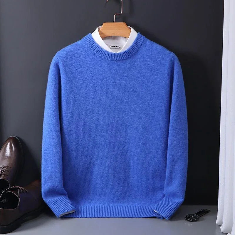 Close-up of a men's cozy comfort sweater, showcasing the fabric texture and elegant long sleeve design.