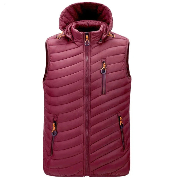 Comfortable men's lightweight puffer vest, water-resistant with a handy detachable hood. (Orange)