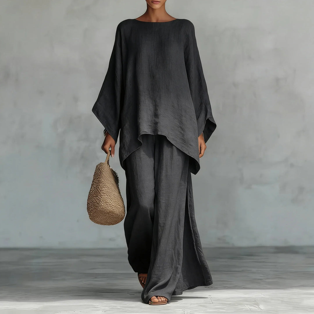 Stylish women's linen blend two-piece set. Relaxed fit for summer, casual wear, or elegant resort outfits.
