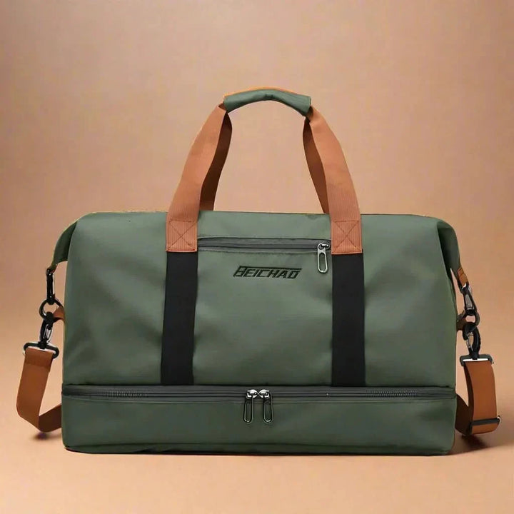Waterproof travel duffel bag with dry-wet separation & shoe compartment. Perfect for gym, sports, and short trips.