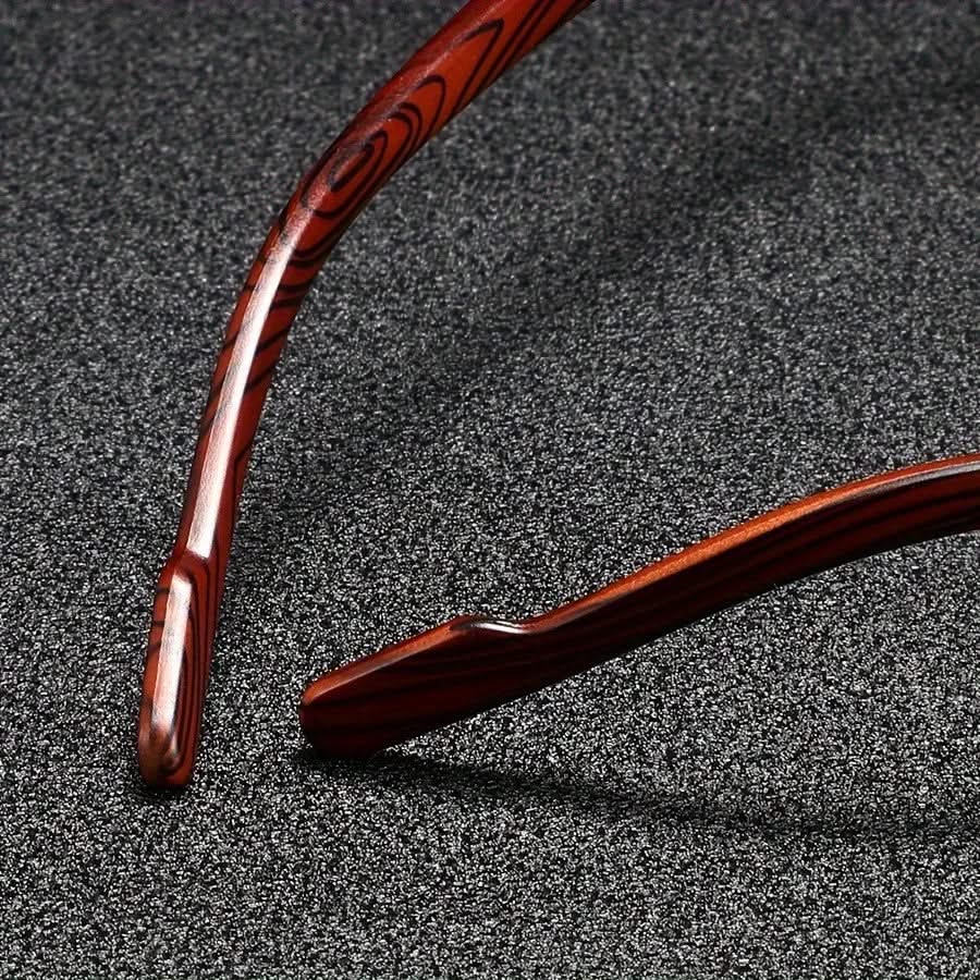 Close-up of unisex vintage square sunglasses, showcasing metal frame, wooden arms, & gradient UV lenses.