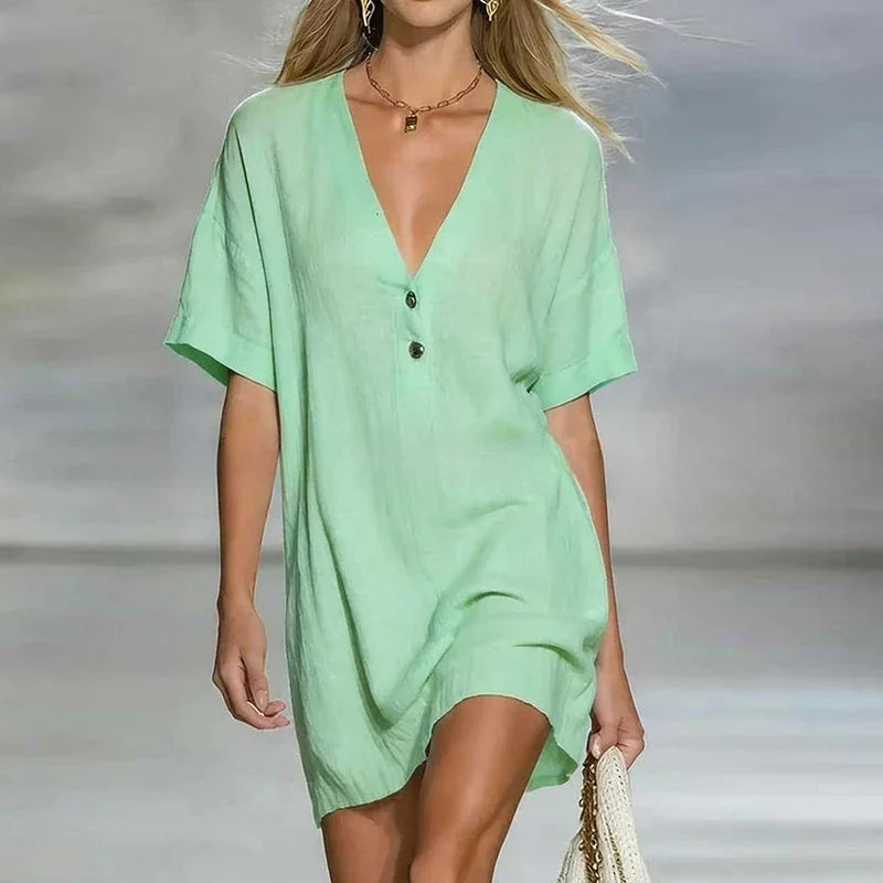 Relaxed fit V-neck summer dress for women. Chic, casual, and lightweight for beach or vacation.
