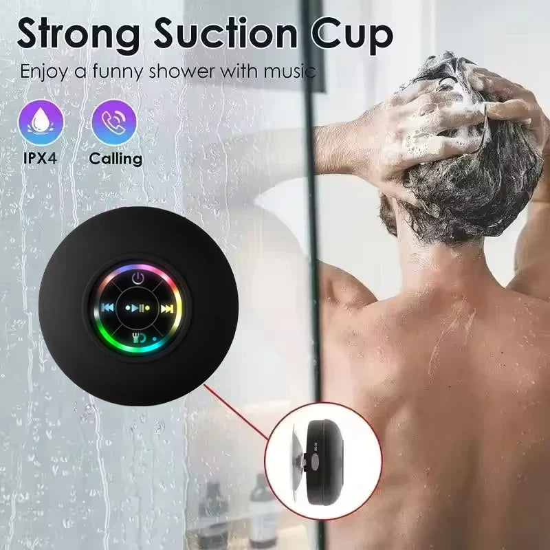 Tavvitaimp18 portable Bluetooth speaker with suction mount & LED. Water-resistant for shower, pool, outdoor.