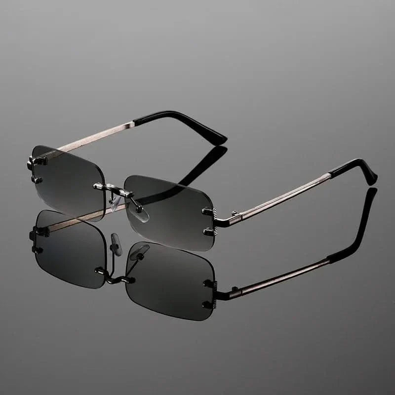 Unisex modern rimless sunglasses with lightweight metallic frame and anti-glare lenses, ideal for stylish eyewear.
