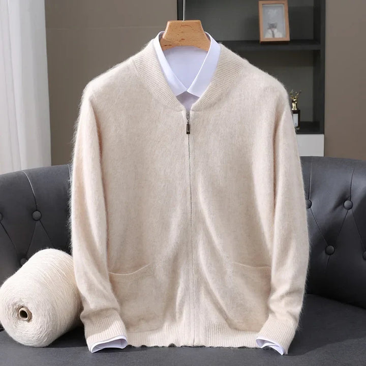 Men's refined full-zip cardigan sweater in a classic knit, perfect for elegant layering and everyday comfort.