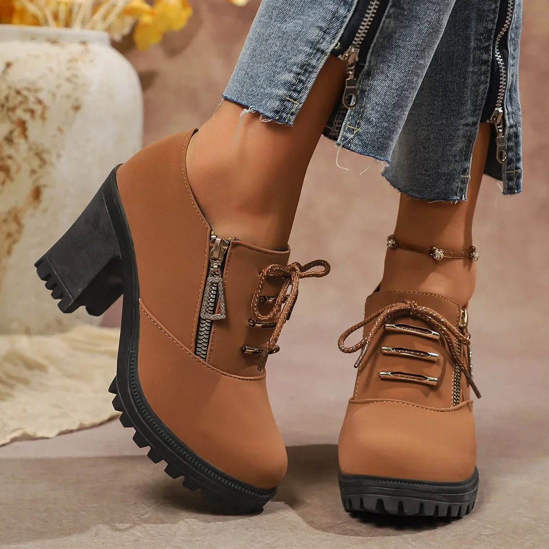 Dressy women's lace-up block heels, adding a touch of elegance and style to any formal attire.