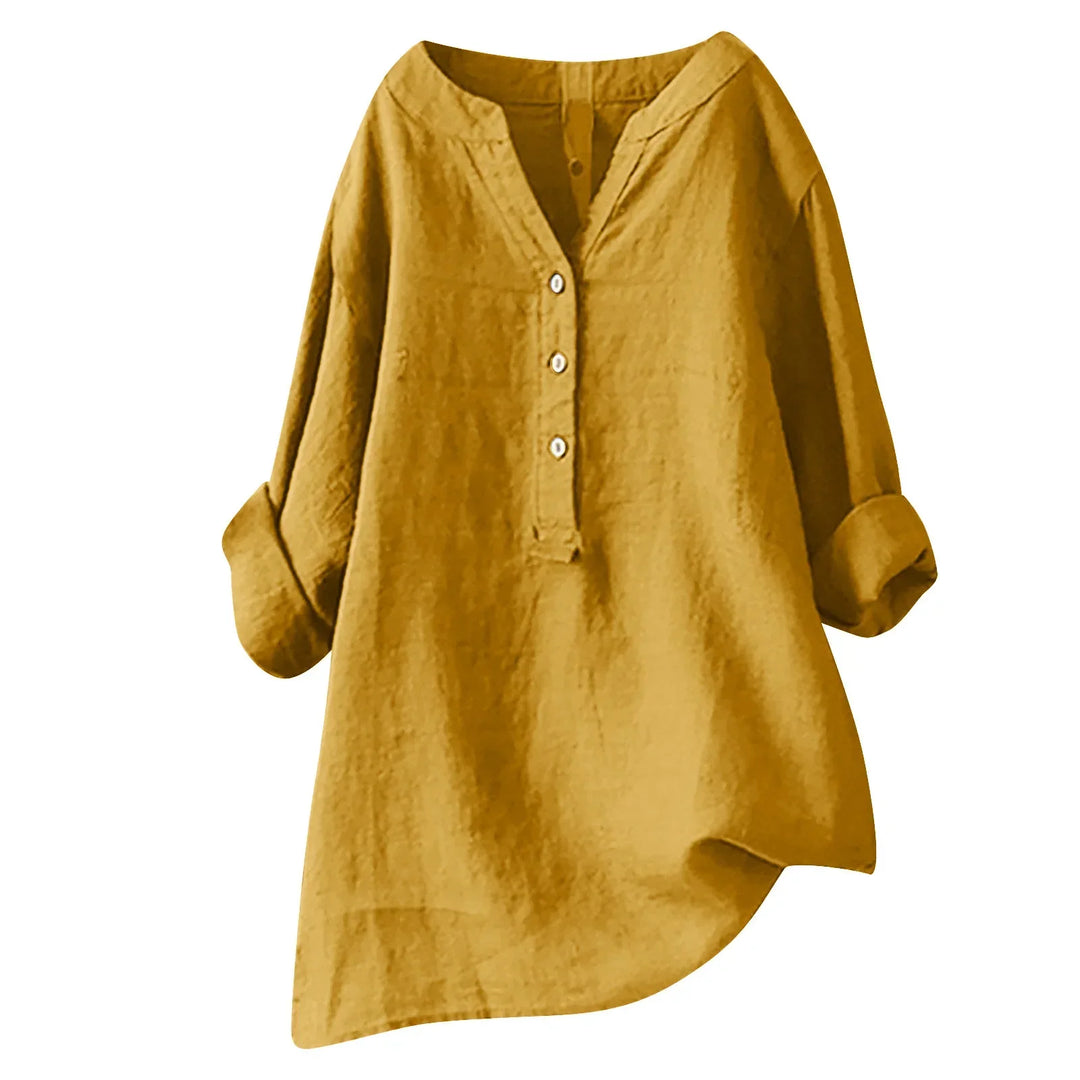 Casual women's summer button-down shirt with a loose, comfortable fit and v-neck, great for everyday.