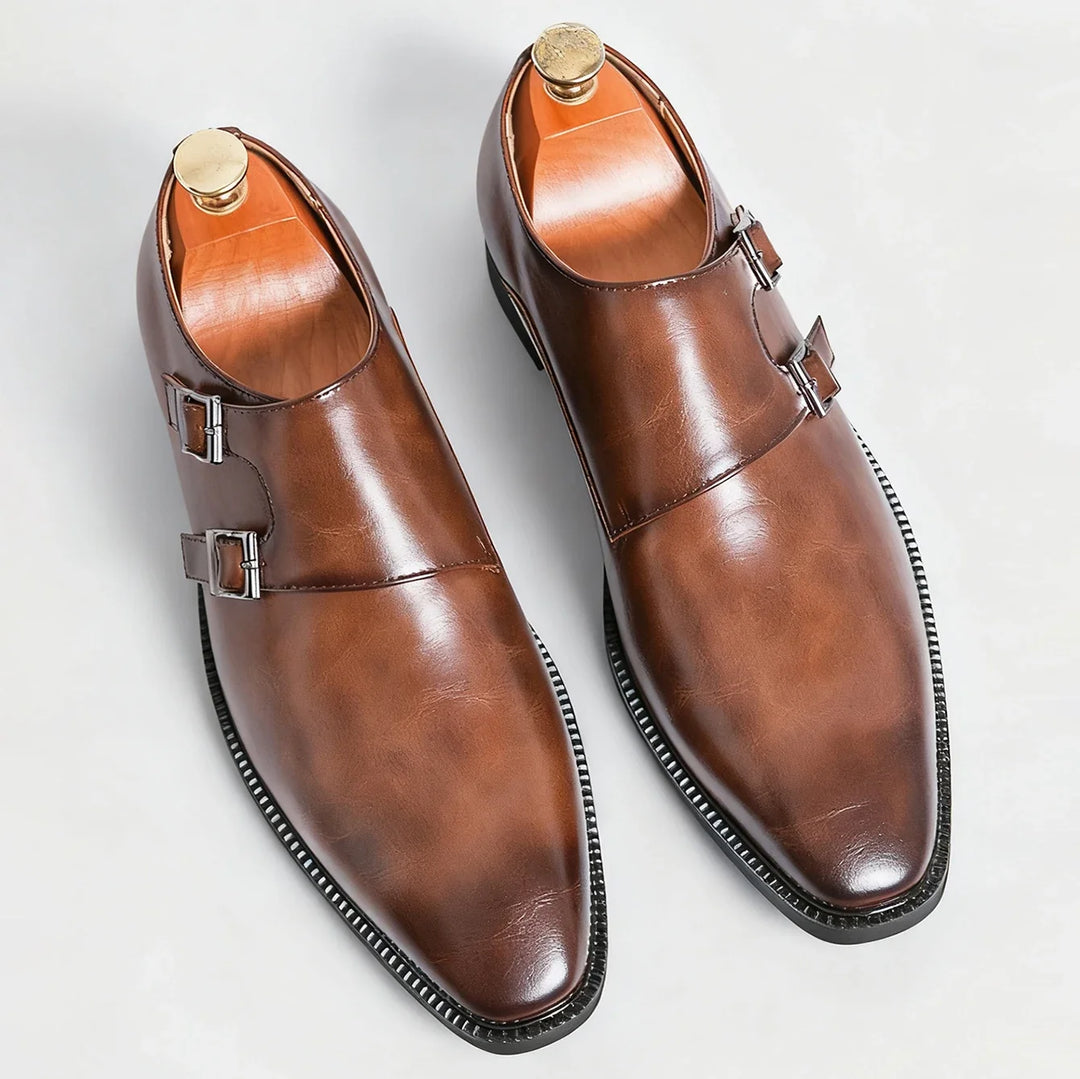 Valmont men's double buckle loafers, premium leather slip-on shoes offering classic style and comfort.