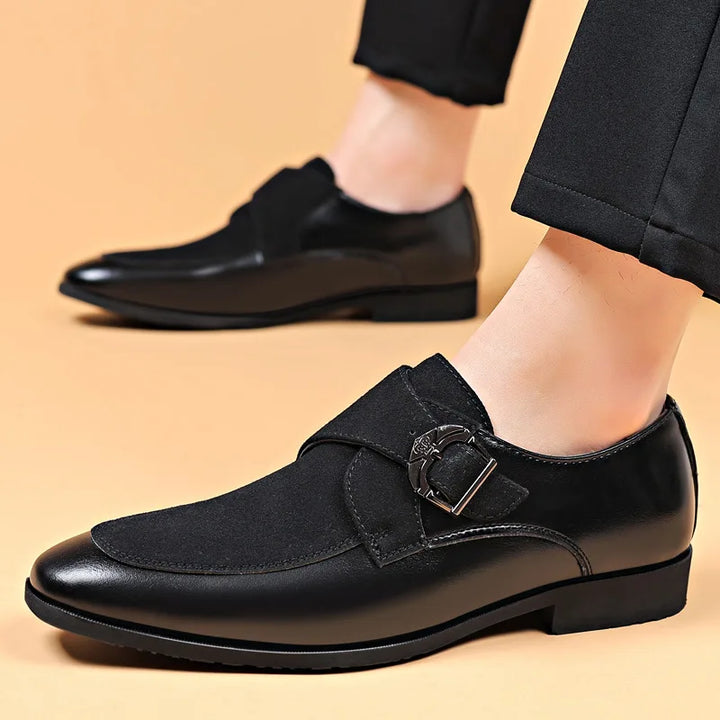 Men's Monarch leather loafers. Black slip-on formal shoes for business, office wear, or special occasion.
