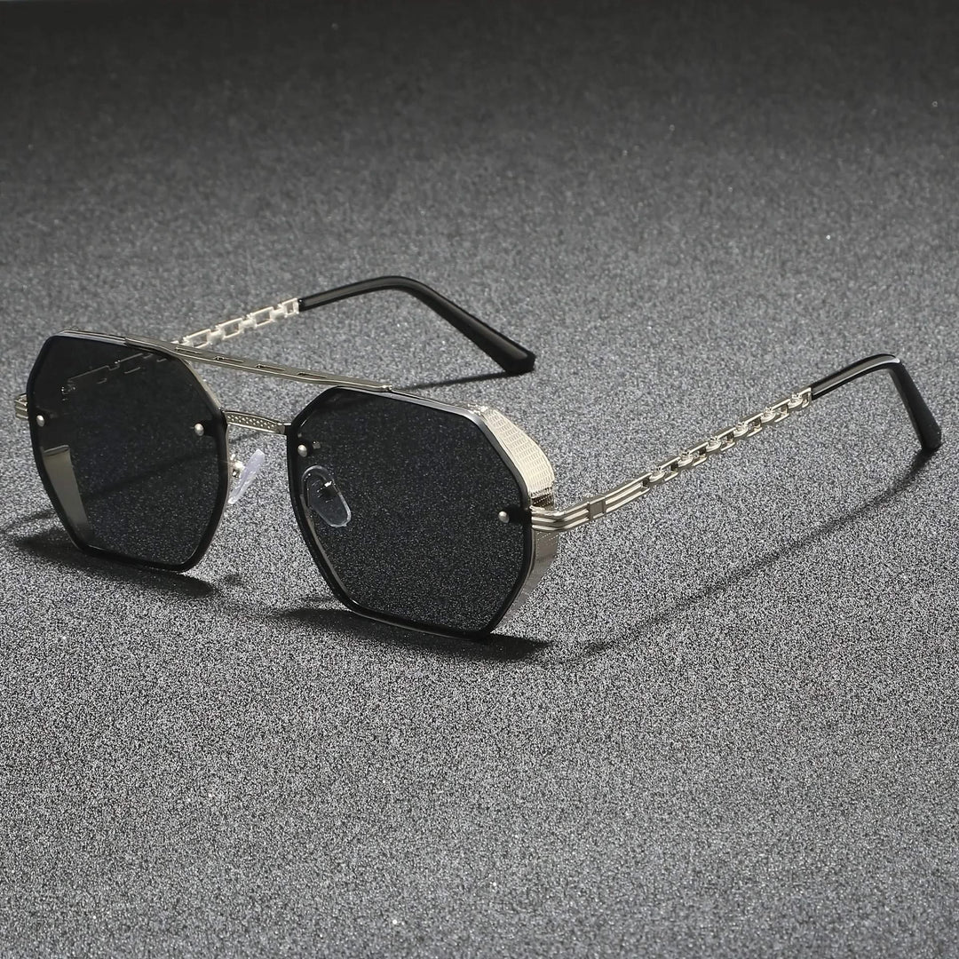 Distinctive geometric metal sunglasses offering complete UV protection. A chic unisex eyewear choice.