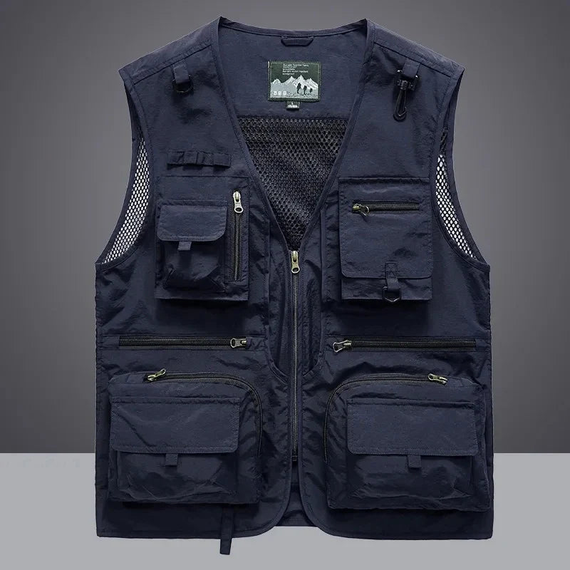 Men's rugged multi-pocket utility work vest, breathable design, ideal for outdoor gear & workwear.