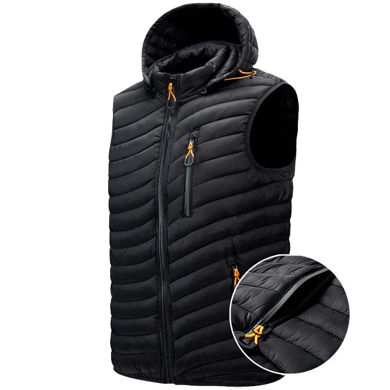 Men's insulated puffer vest with detachable hood, ideal for winter layering & cold weather. (Black)