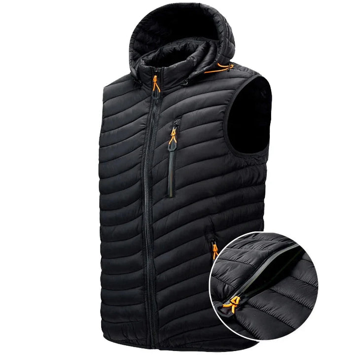 Men's insulated puffer vest with detachable hood, ideal for winter layering & cold weather. (Black)
