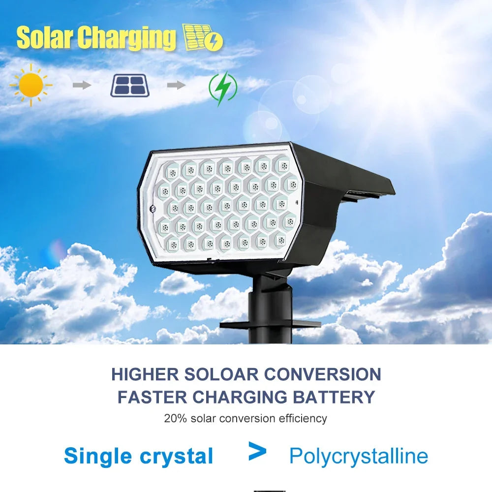 Waterproof solar garden spotlights, ideal for pathway lighting, patio accents, and decorative outdoor scenes.