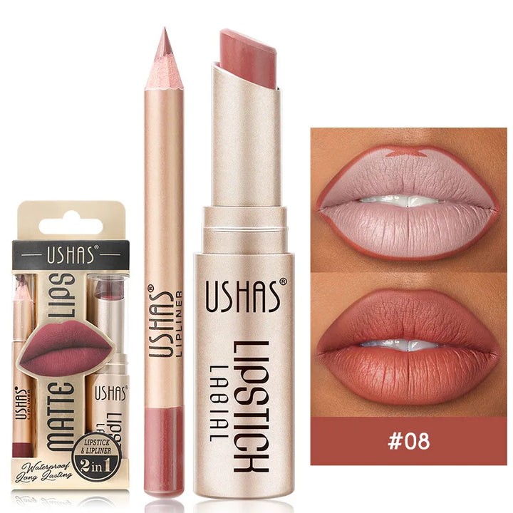 Women's long-lasting matte lipstick & lip liner duo pen. Waterproof and smudge-proof lip makeup.
