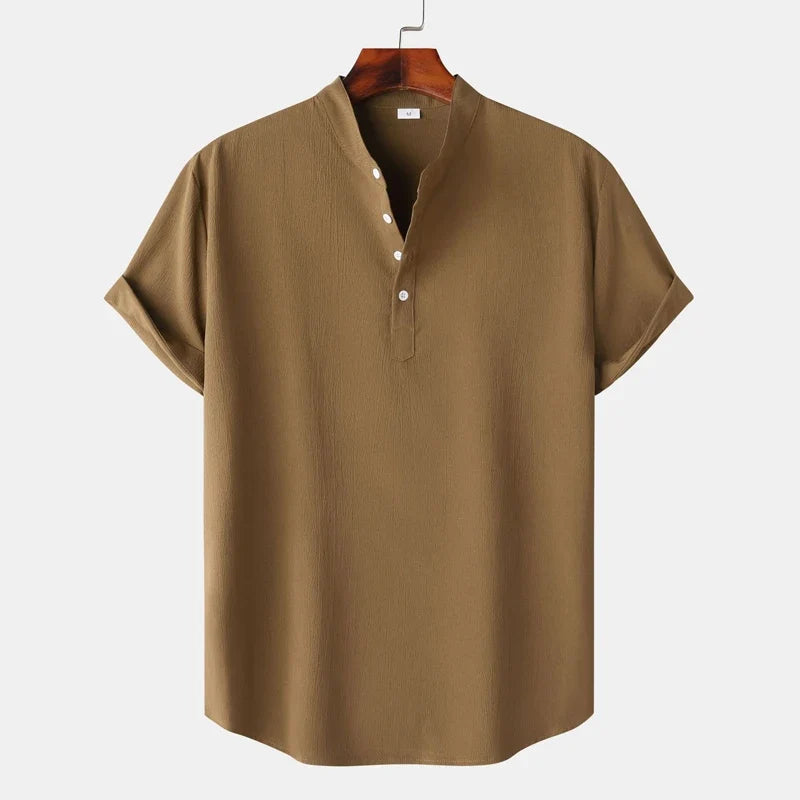 Classic men's natural tone long sleeve henley top, a versatile and comfortable addition to any wardrobe.
