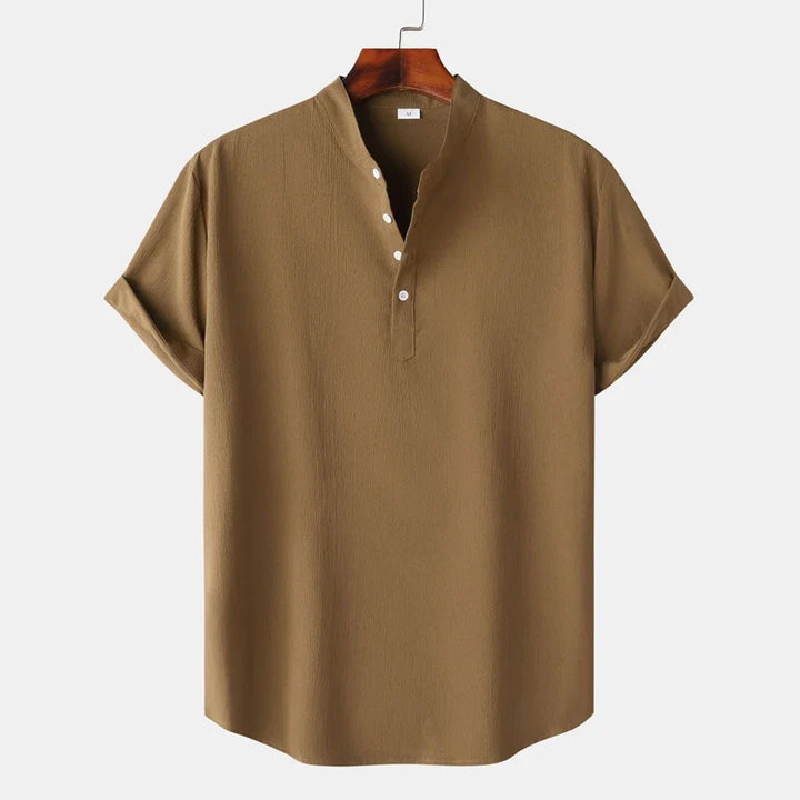 Classic men's natural tone long sleeve henley top, a versatile and comfortable addition to any wardrobe.