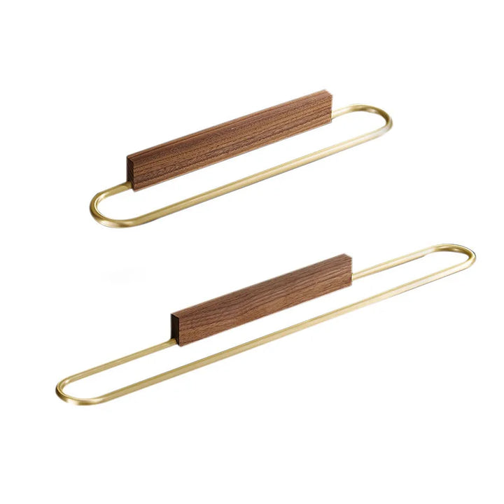 Minimalist walnut & brass towel bar. Wall mounted, perfect for home organization & modern bathroom decor.