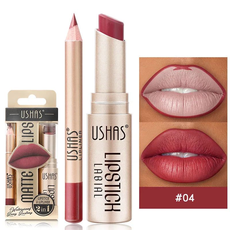Effortless matte lip makeup: 2-in-1 lipstick & lip liner pen. Smudge-proof, long-lasting formula.