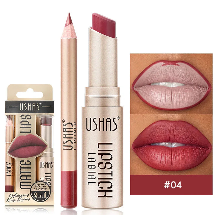 Effortless matte lip makeup: 2-in-1 lipstick & lip liner pen. Smudge-proof, long-lasting formula.