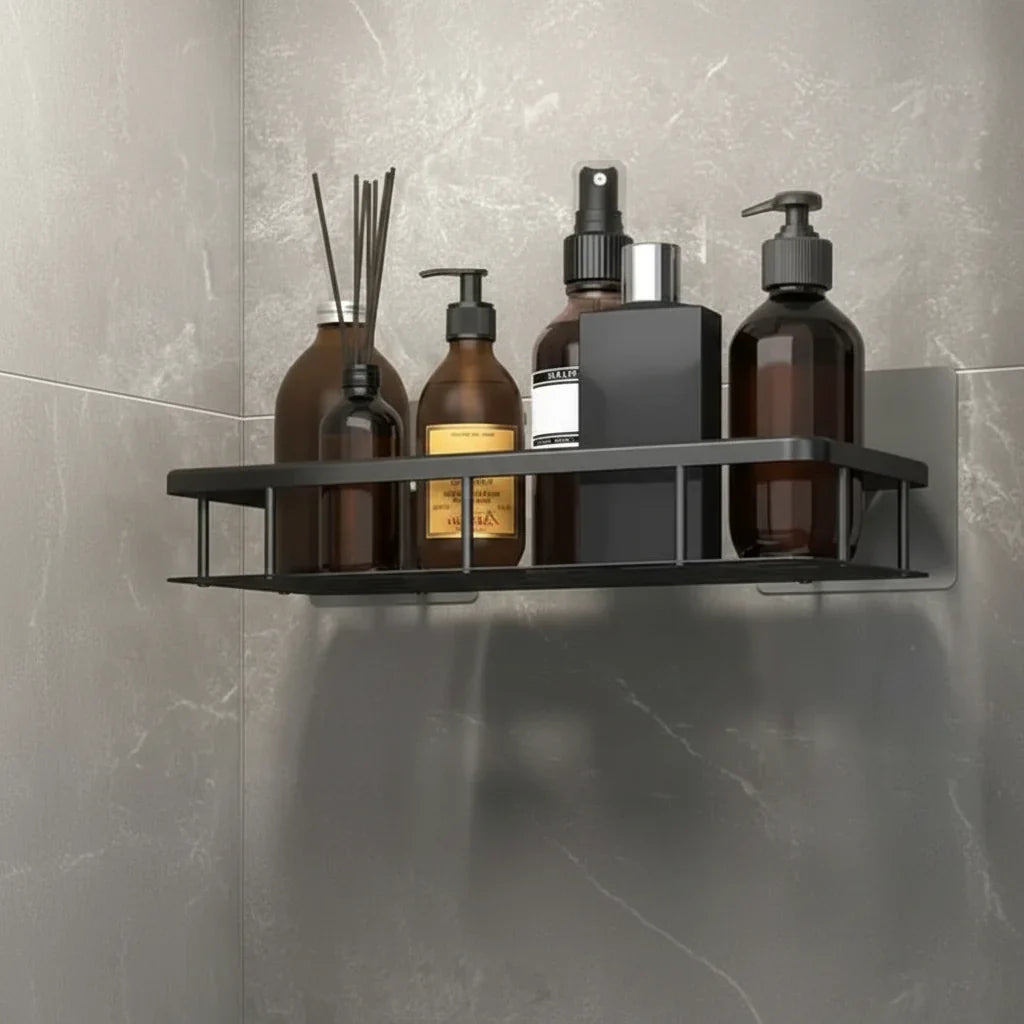 Versatile adhesive bathroom storage shelf, drill-free installation for organized and modern bath spaces.
