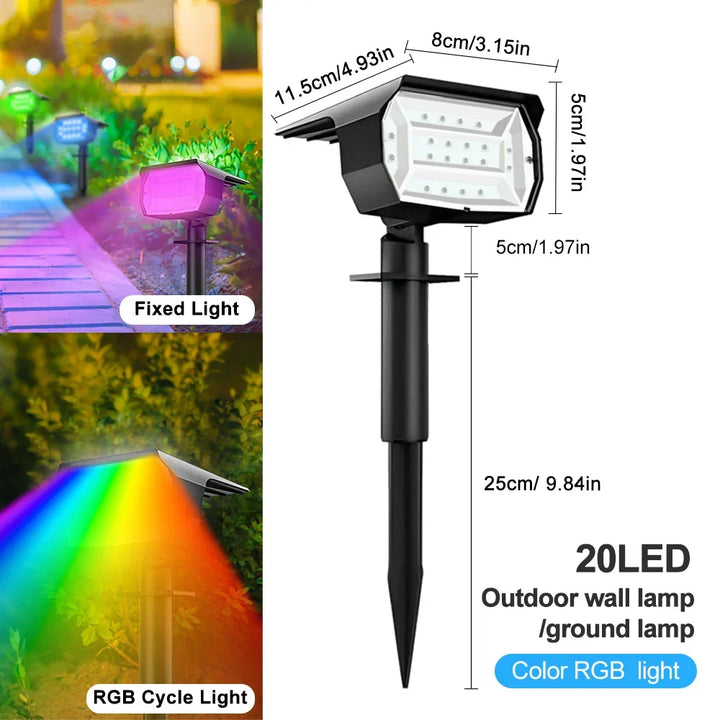 Waterproof solar LED landscape spotlights, offering vibrant, color-changing illumination for any garden.