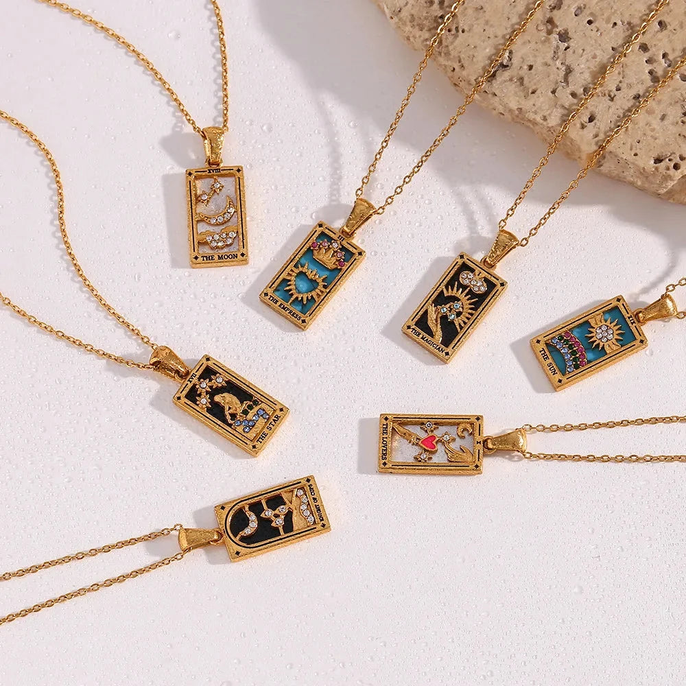 Women's spiritual tarot card necklace, mystical divination pendant, symbolic amulet jewelry.