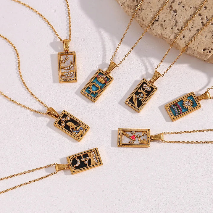 Women's spiritual tarot card necklace, mystical divination pendant, symbolic amulet jewelry.