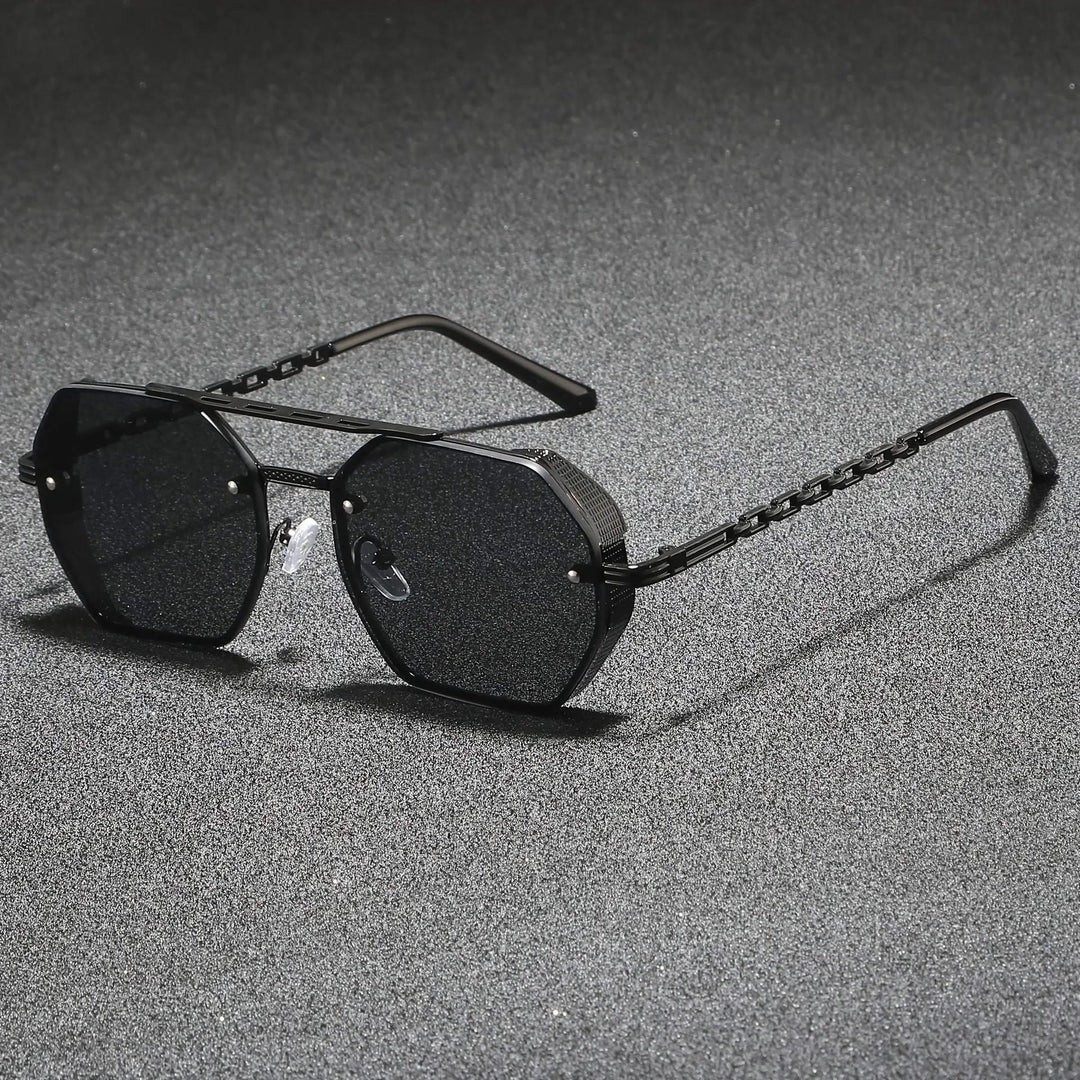 Metallic geometric sunglasses for men & women. Stylish, anti-reflective, & UV protective eyewear.