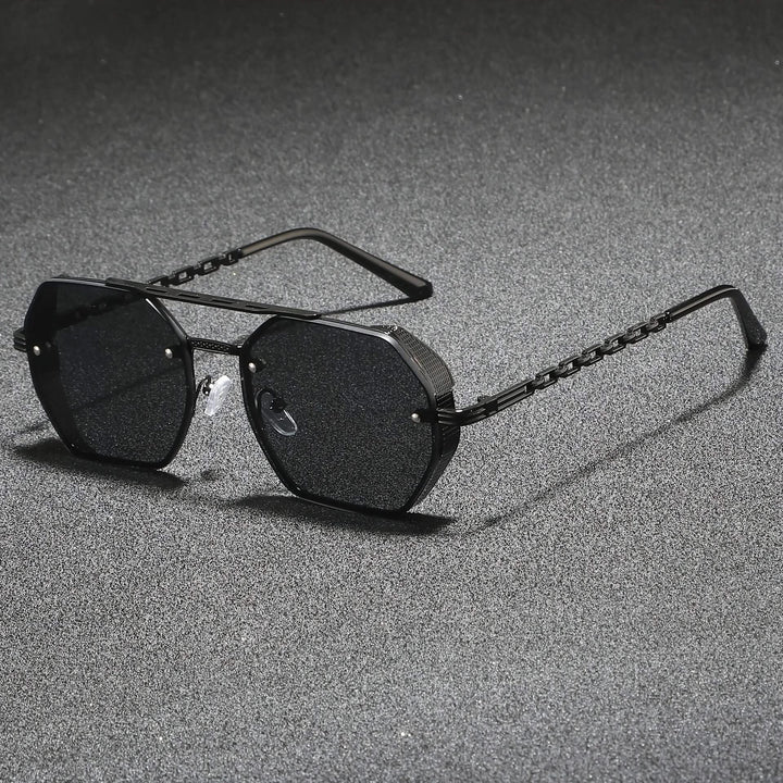 Metallic geometric sunglasses for men & women. Stylish, anti-reflective, & UV protective eyewear.