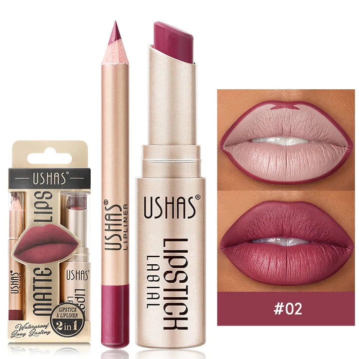 High-pigment matte lipstick & lip liner pen. Long-lasting, waterproof beauty for defined lips.