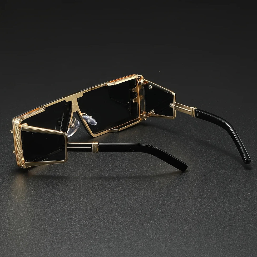 Fashion-forward geometric sunglasses with bold frames and UV protection. A trendy unisex accessory with gold detail.