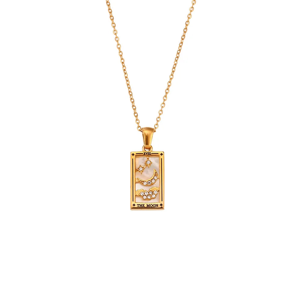 Close-up of a women's gold tarot card necklace, intricate spiritual jewelry design, mystical symbol.
